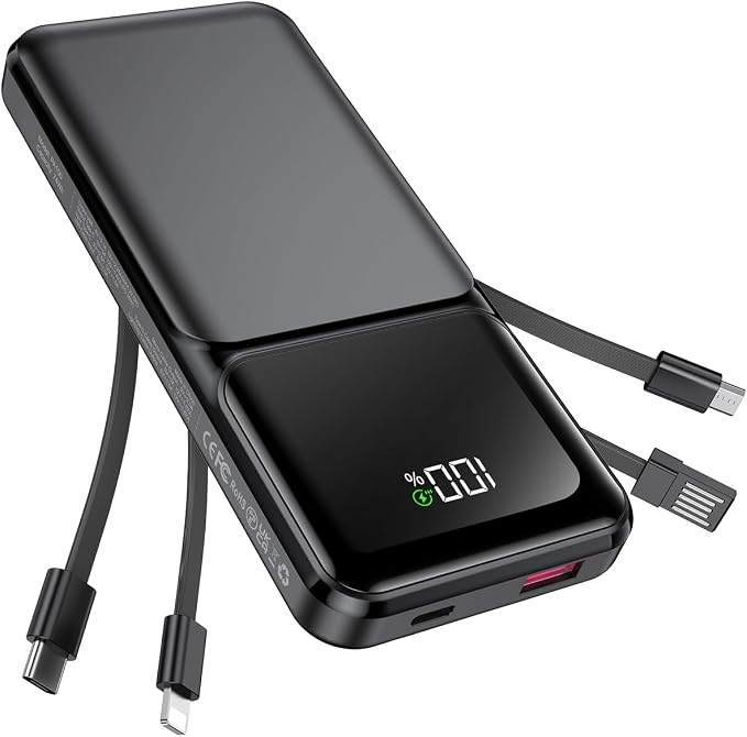 RONEGN Portable Charger with Built in Cable 20000mAh Fast Charging | Power Bank USB C Slim 22.5W LED Display Battery Pack 5 Outputs & 3 Inputs for Travel Essentials iPhone Samsung Phones Black by RONEGN