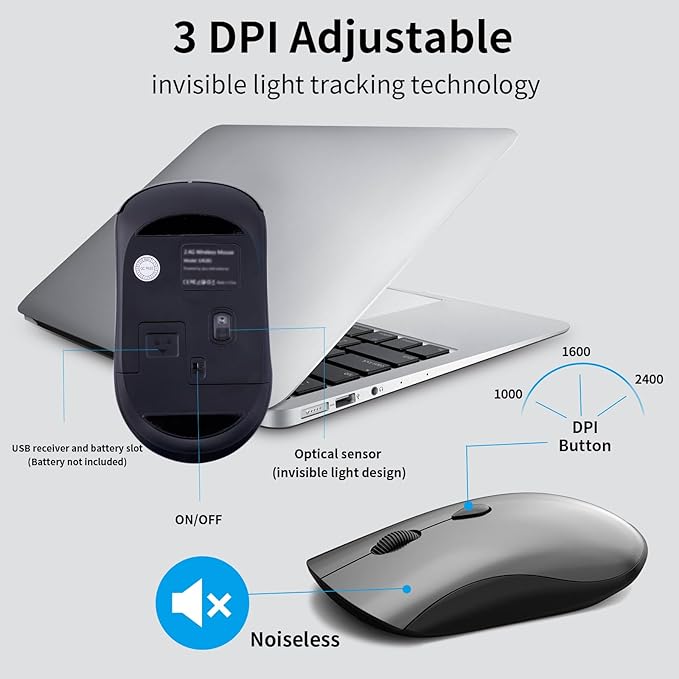 Slim Silent Full Size Wireless Keyboard Mouse Combo Space Grey | With calculator key, 2400 DPI quiet mouse, USB cordless set, compatible with Windows, Mac, Laptop & PC - Image 6