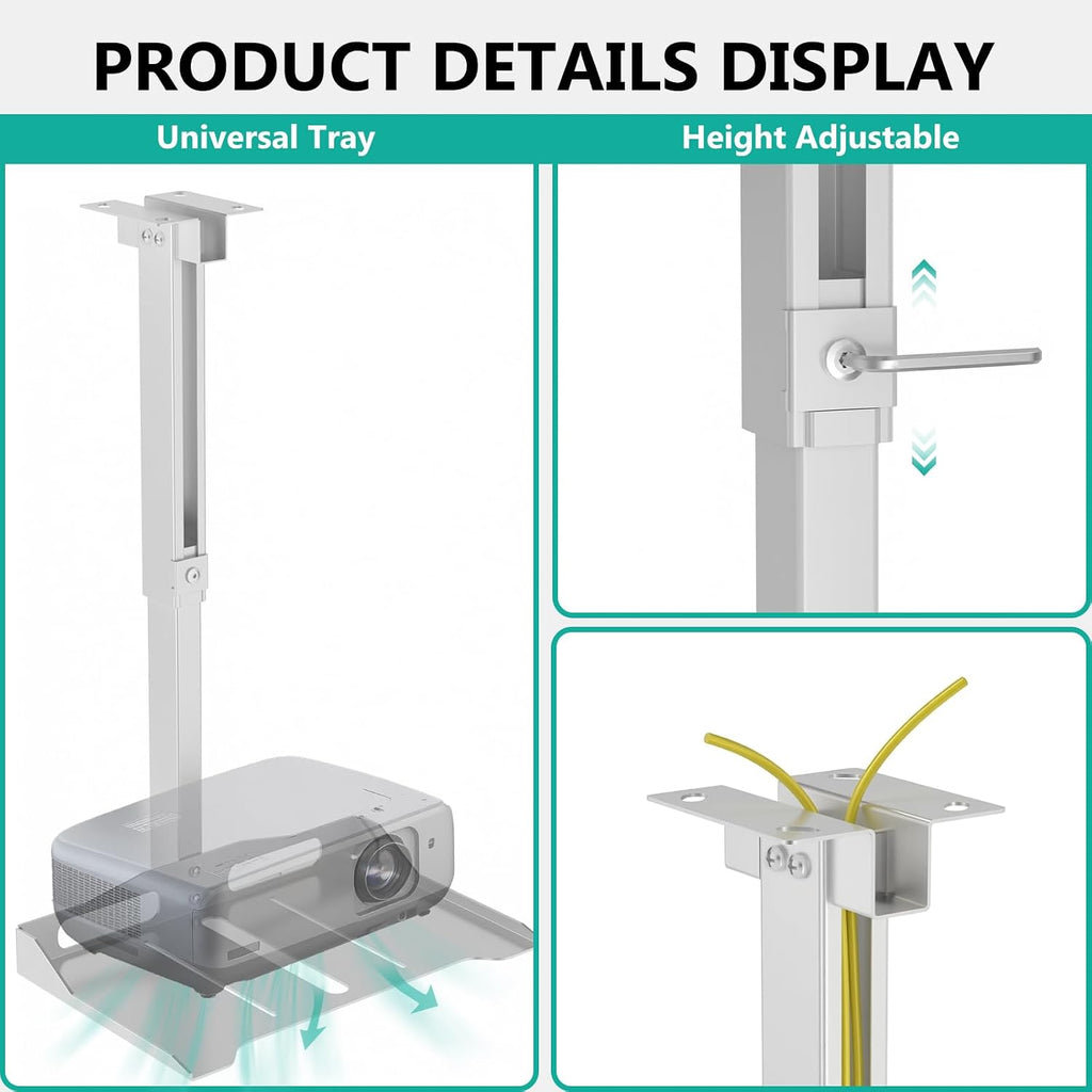 WALI Projector Ceiling Mount Tray, Height Adjustable Wall Mount Holder for Projectors, Hidden Cable Management, Fits Projectors up to 22lbs, 13.7" x 8.6" Platform, White (PM-005-W) - Image 3