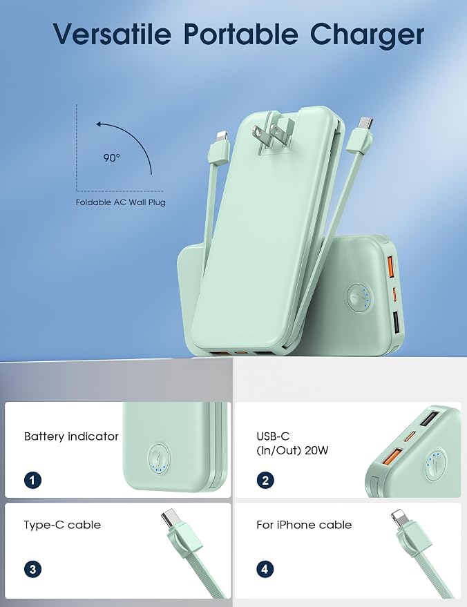 Nusyddy Portable Charger 10000mAh Fast Charging w/Built-in Wall Plug Green | PD20W Fast Charging, LED Indicator, Pass Through Charging, TSA Approved, Compact/Slim, Power Bank for iPhone/iPad/Samsung - Image 3