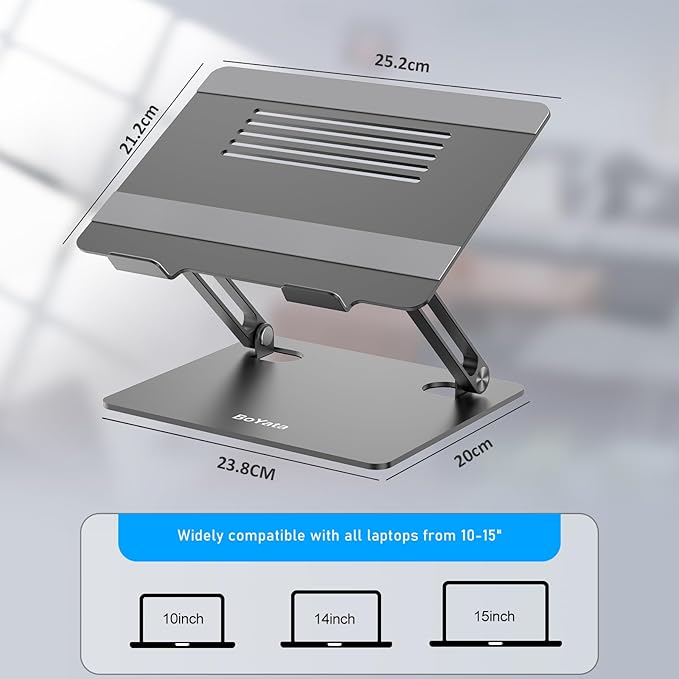 BoYata Laptop Stand, Adjustable Metal Desktop Riser, Up to 15 Inches, Gray | Slide-Proof Silicone Pads and Protective Hooks Provide Stable Support for MacBook, Notebooks and Laptops up to 15 Inches - Image 2