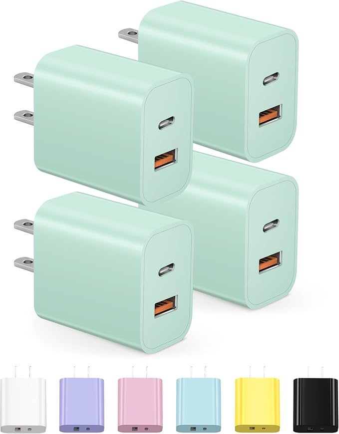 [4 Pack] USB C Charger Block Charging Block Type C Charger | 20W Wall Chargers for iPhone Air/17/17 Plus/17 Pro/17 Pro Max/16/16 Plus/16 Pro/16 Pro Max/15/15 Pro/15 Max/14/Samsung(Green) by STAKCYE