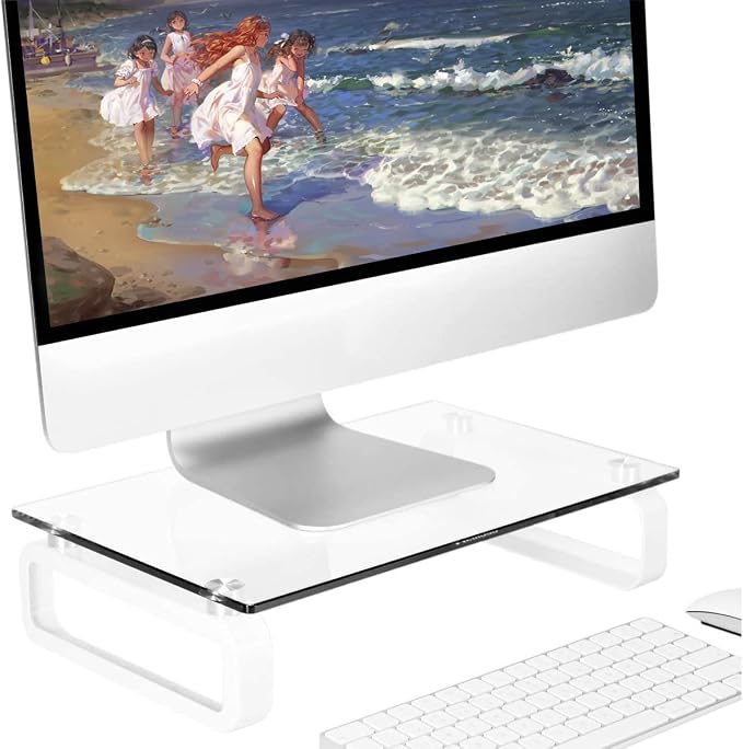 Hemudu Clear Computer Monitor Stand Riser Multi Media Desktop Stand for Flat Screen LCD LED TV, Laptop/Notebook, with Tempered Glass and Metal Legs, HD02T-001 by HEMUDU