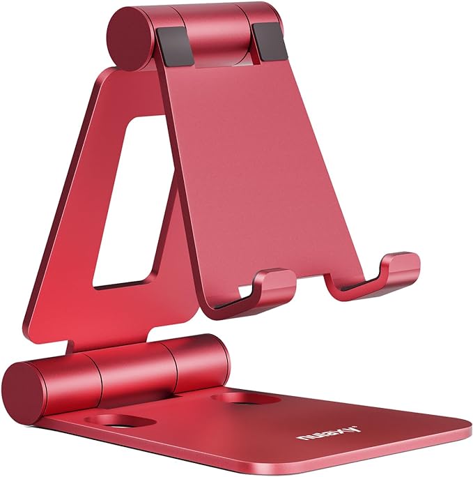 Nulaxy Full Aluminum Dual Folding Cell Phone Stand for Desk, Red | Height Angle Adjustable, Portable, Anti-Slip Base, Fits 18mm Thick Case Smartphone, Nintendo Switch Desk Essential Accessory by Nulaxy