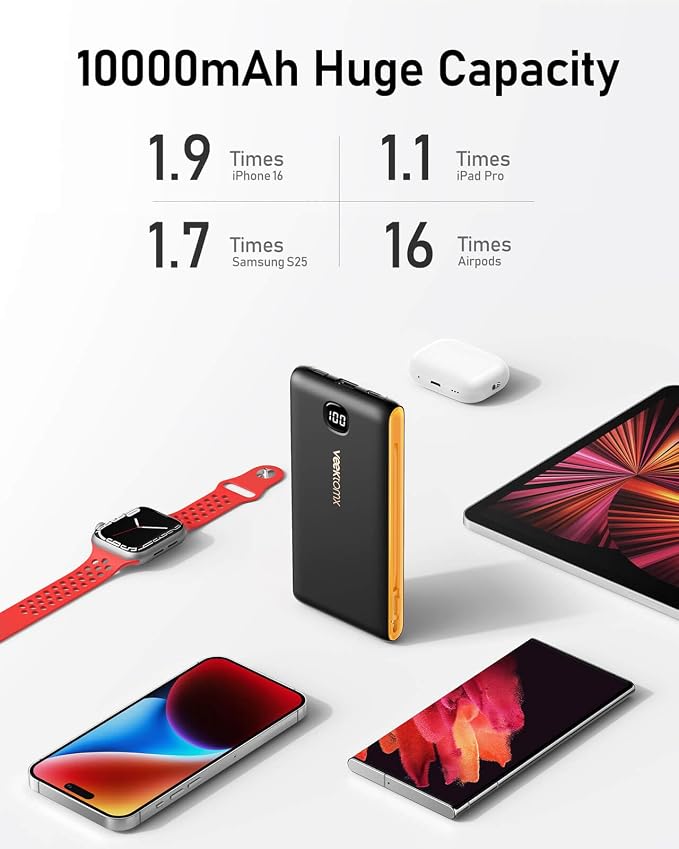 VEEKTOMX 10000mAh Portable Charger with Built-in Cables & Wall Plug | Fast Charging Slim USB-C Power Bank for iPhone, Samsung, iPad | 5 Outputs, Charges 4 Devices, ETL Certified, Black Yelllow - Image 6