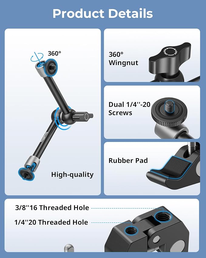SmallRig Clamp w/ 1/4" and 3/8" Thread Holes, 9.8 Inches Adjustable Friction Power Articulating Magic Arm with Phone Holder for Action Cameras, Smartphones, LCD Monitor/LED Lights - 5326 - Image 2