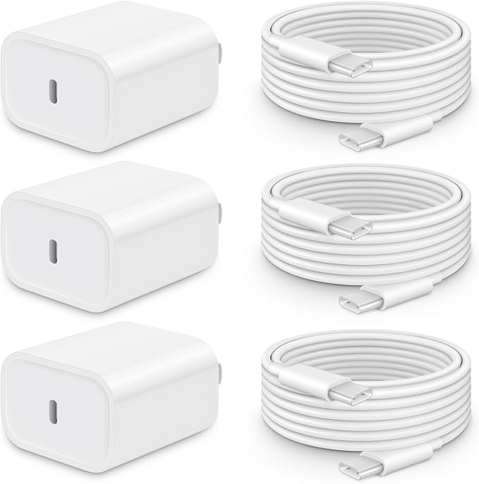 20W Fast Charger for iPhone 17/16/15 with 6FT Cable [3-Pack] | USB-C Wall Charger & C-to-C Cable, Compatible with iPhone 17/16/15 Series, USB-C iPad Pro/Air/Mini & More by CXX