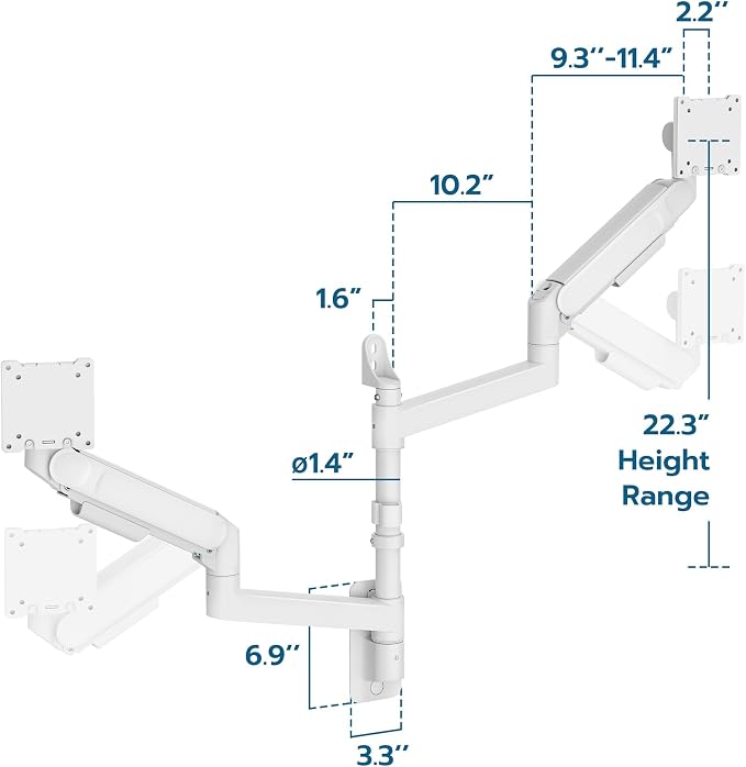 ARES WING Dual Monitor Wall Mount for 24-57 Inch Ultrawide Screen, White | Premium Heavy Duty Gaming Monitor Arm for 60 lbs, Full Motion Gas Spring, Bearing Head for Easy Adjustment, 75/100 VESA Mount - Image 9