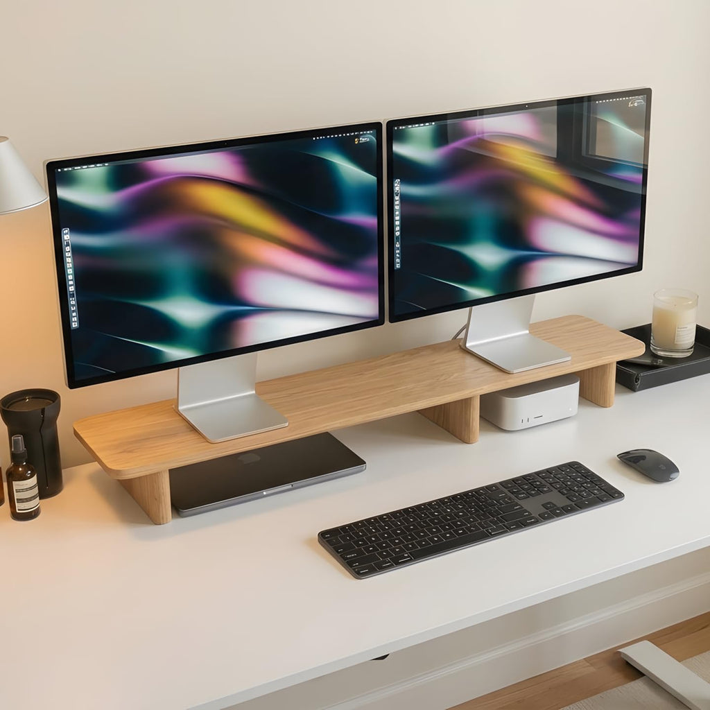 White Oak Dual Monitor Stand Riser - 43.3" Wooden Monitor Stand for 2 Monitors, Minimalist Desk Shelf Organizer for iMac, Laptop & Ultrawide Displays - Image 7
