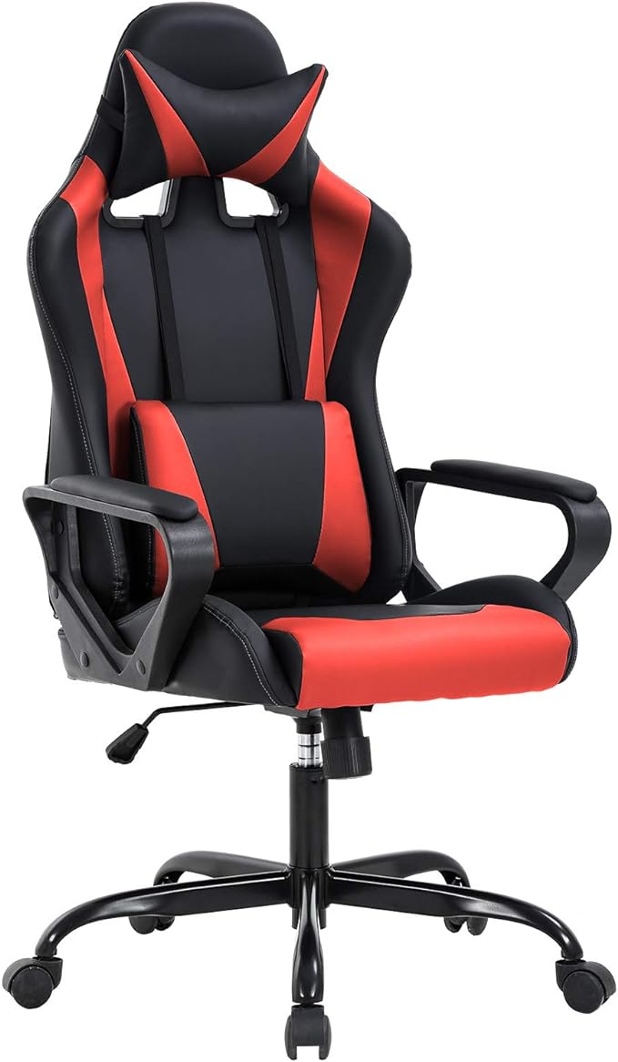 BestOffice Gaming Chair | Red | Desk Chair with Adjustable Lumbar Support | Headrest Pillow | Ergonomic Racing Style Seat with Recline, Swivel Base & Rolling Wheels | For Gamers, Home, Office by BestOffice