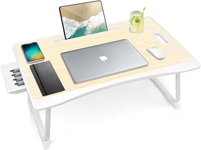 Amaredom Laptop Bed Desk Tray Bed Table, Foldable Portable Lap Desk Notebook Stand Reading Holder with Storage Drawer and Cup Holder for Eating Breakfast on Bed/Couch/Sofa-White Maple by AmaredomHome