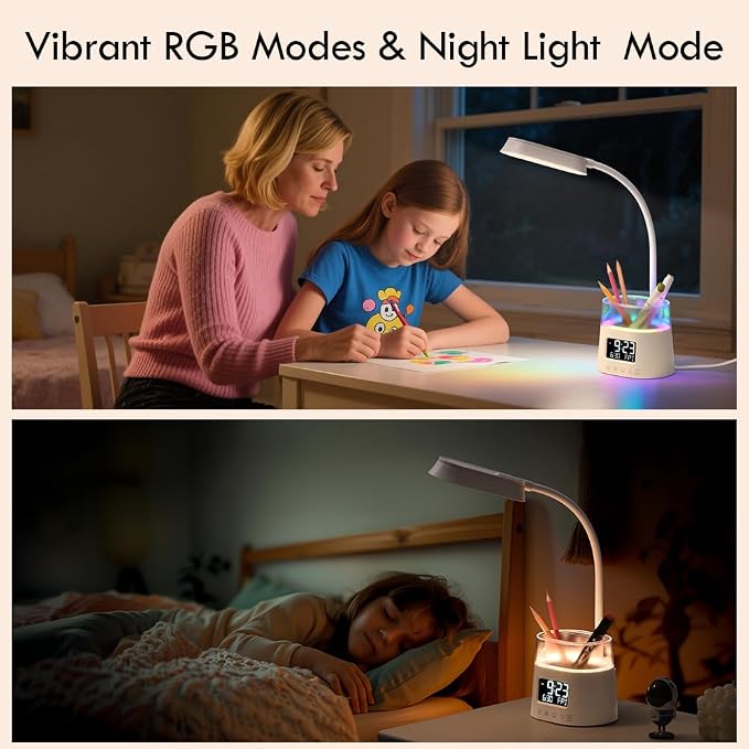 WILIT LED Desk Lamp for Home Office with Pen Holder, RGB Night Light, White | Table Lamp for Bedroom with USB Charging Port & Clock, Study Lamp for Kids Girls, Desk Light for College Dorm Room Essentials - Image 7