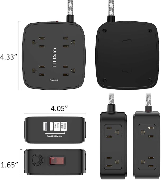 Surge Protector Power Strip - YISHU 8 Outlets with 4 USB (2 USB C) Charging Ports, 10Ft Braided Extension Cord, Flat Plug Multi Plug Outlet Extender Charging Station for Home Office, ETL, Black - Image 7