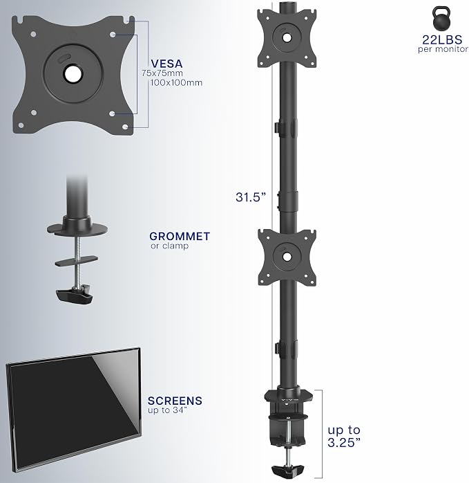 VIVO Dual Monitor Desk Mount Stand with Height Adjustment and VESA Plates for 2 LCD Ultrawide Screens up to 34 inches, Stacked Array, STAND-V002R - Image 3
