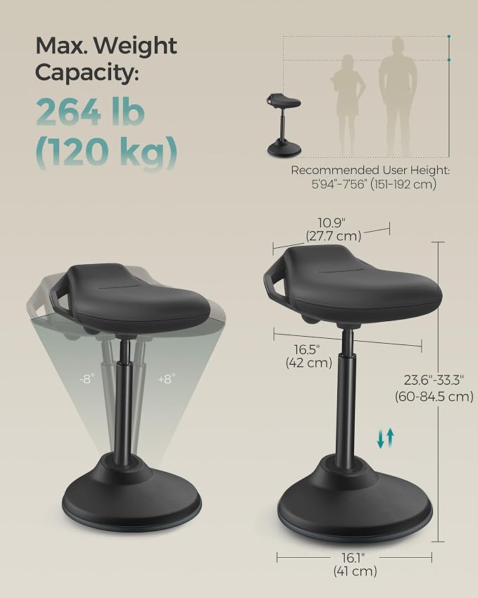 SONGMICS Ergonomic Wobble Stool, Height Adjustable Swivel Balance Chair | Standing Desk Stool, 23.6-33.3 Inches, Non-Slip Base, Standing Chair, for Office, Home, Ink Black, ACTIVO Collection UOSC12BK - Image 2