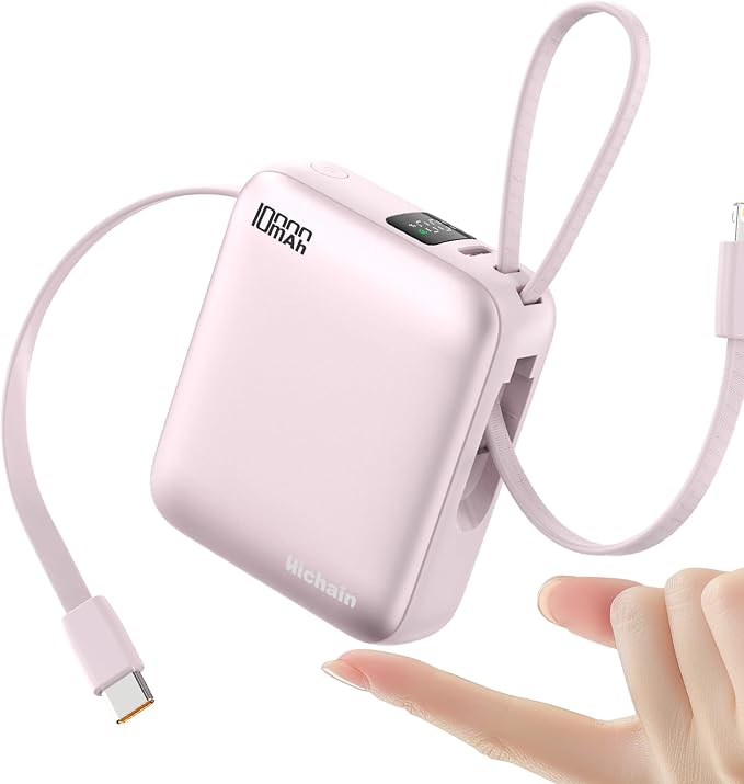 10000mAh Small Portable Charger with Built in Cables LED Display Pink | Mini Power Bank 22.5W USB-C Fast Charging Battery Pack, Travel Essential Power Bank for iPhone, iPad, Samsung, Android by Hichainmakeyourlifebetter
