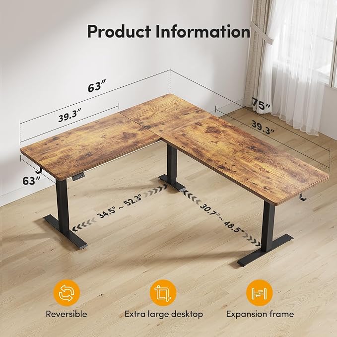 Cubiker 75 * 63" L Shaped Standing Desk, Reversible Corner Standing Desk, Suitable for Home Office, Rustic Brown - Image 2