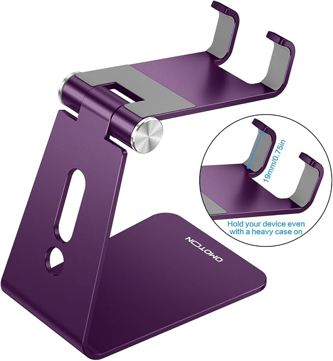 OMOTON C2 Adjustable Cell Phone Stand with Charging Cutout, Deep Purple | Sturdy 3mm Aluminum, Charging Port, 270° Adjustable, Non-Slip Silicone Pads, Works with Thick Cases, for All Smartphones - Image 2