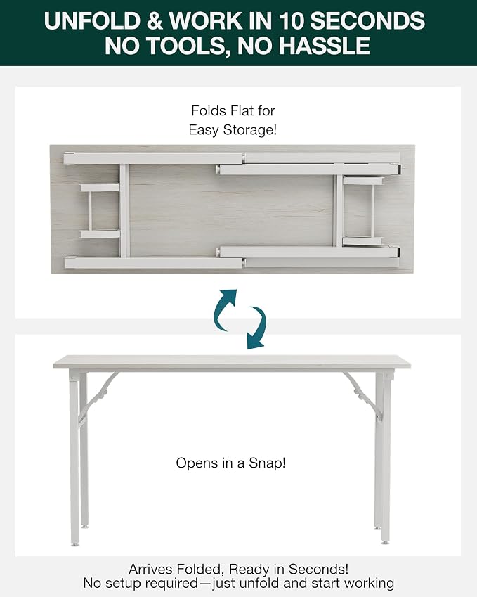 Small Folding Computer Desk – Portable 55.1 Inch Foldable Laptop Table, Collapsible and Compact for Easy and Fast Setup, Lightweight for Small Spaces, Home Craft and Study Use, White Ash - Image 3