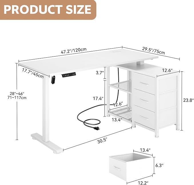 47 Inch L Shaped Desk with 3 Drawers Electric Standing Desks White | with Storage Computer Table Adjustable Height with Power Outlets 4 Memory Presets for Home Office, White - Image 2