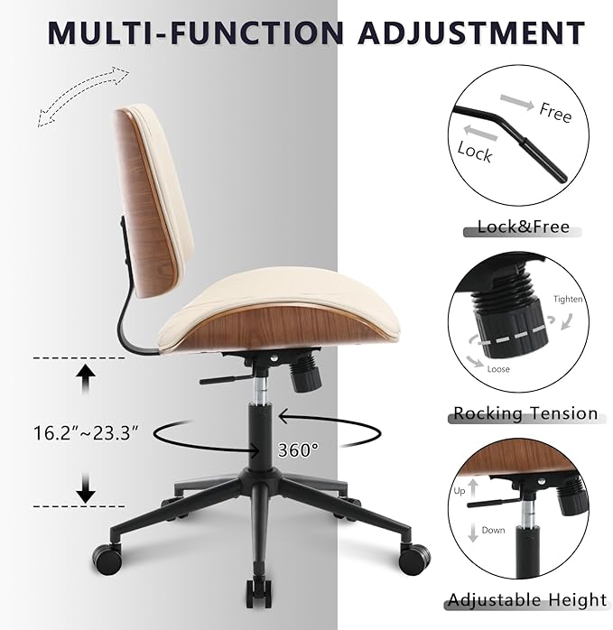 Home Office Chair No Arms with Wheels, Adjustable Height Small Desk Chair, PU Leather Mid Back 360 Swivel Computer Chair, Armless Modern Walnut Chair for Office, Reading Meeting Room(Beige) | Adjustable Height Small Desk Chair, PU Leather Mid Back 360 ... - Image 7
