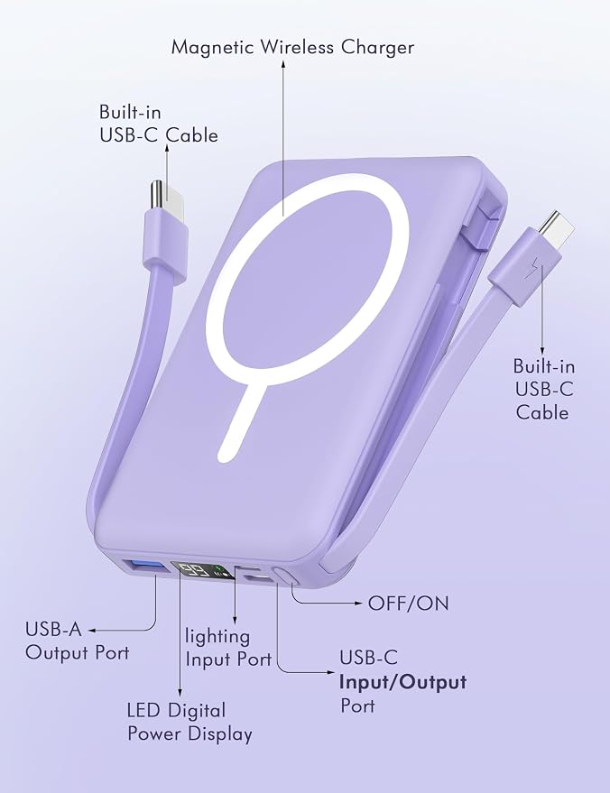 podoru for Magsafe Power Bank, 10000mAh Magnetic Portable Charger | Built-in Double USB-C Cables, 20W PD Fast Charging Wireless Battery pack for iPhone 17/16/15/14/13/12 Series-Purple - Image 3