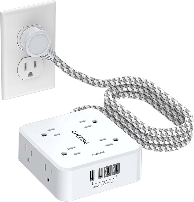 Surge Protector Power Strip - CHCORE 5Ft Braided Extension Cord with 8 Outlets with 4 USB (2 USB C) Charging Ports, Flat Plug Multi Plug Outlet Extender Charging Station for Home Office, ETL, White by Unknown