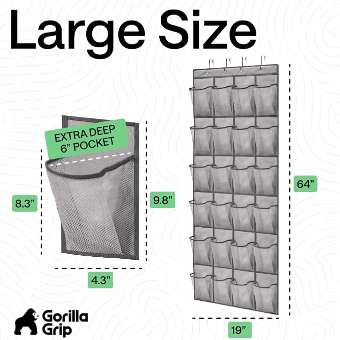 GORILLA GRIP Over the Door Shoe Organizer, 24 Extra Large Pockets, Gray | Breathable Mesh Pocket, Space Saving Hanging Storage Holder, Closet Rack Hanger for Shoes, Pantry and Bathroom Accessories - Image 7