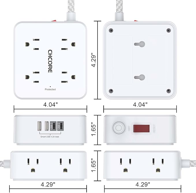 Surge Protector Power Strip - CHCORE 10 Ft Braided Extension Cord with 8 Outlets with 4 USB (2 USB C) Charging Ports, Flat Plug Multi Plug Outlet Extender Charging Station for Home Office, ETL, White - Image 7