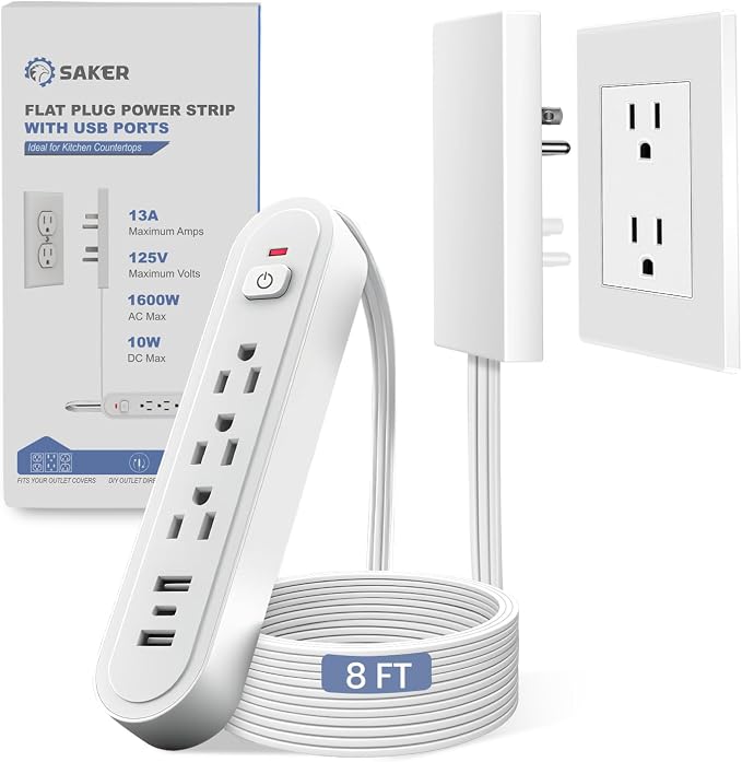 Saker 8ft Surge Protector, 3 Outlets, 3 USB, Flat Plug, White | 3 AC Outlets + 3 USB Ports, Built-In Surge Protection, 8ft Flat Extension Cord, Outlet Concealer for Home & Office by Saker