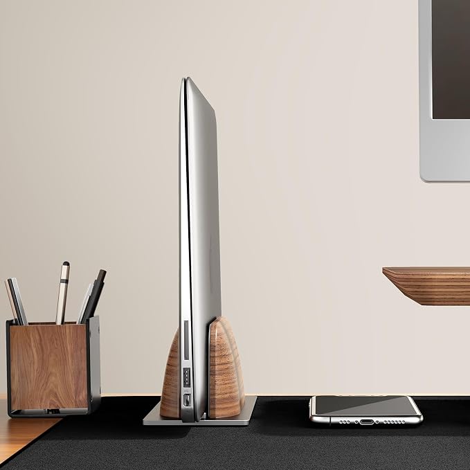 UPERGO Vertical Laptop Stand for Desk, Laptop Holder to Dock MacBook, MacBook Pro and Other Laptops, Black Walnut Wood | Solid Walnut & Aluminum, Adjustable 0.6"-1.4", Scratch-Resistant Pads, Anti-Slip Base, Fits iPad Dell HP - Image 5