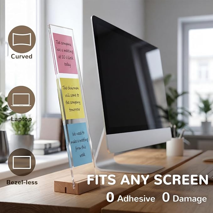 2 Pack Monitor Memo Board, Freestanding Acrylic Sticky Note Holder | No adhesive: 12.2 in acrylic board lifts off a weighted 3.15 in wood base; sits beside curved, bezel-less or dual monitors - Image 4