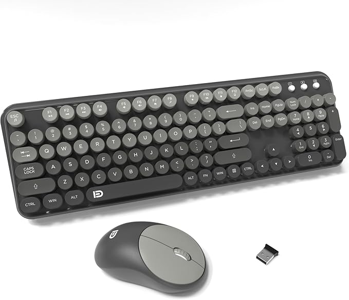Wireless Keyboard and Mouse Combo - Cute Colorful Mouse and Keyboard 2.4G Full-Sized with 104 Round Keys Retro Typewriter Keyboards for Laptop/Windows/PC - Grey Gradient by FOPETT
