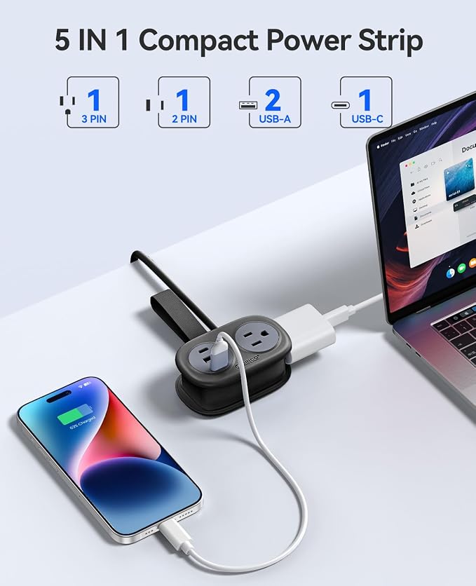 ORICO Cruise Approved Power Strip, 5 in 1 Extension Cord | with 2 AC Outlets 2 USB-A and 1 USB-C Ports, 3.7 ft Flat Plug Wrap-around Power Strip for Cruise Travel, Office, Hotel, Home - Image 4