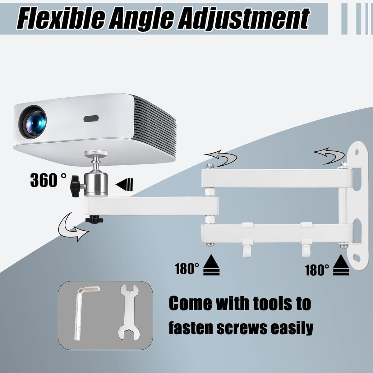 2-Be-Best Projector Wall Mount 14" Foldable Arm Mount Universal Projector Mounts Adjustable Bracket 1/4" M4 M6 Screw Size Quality Cold-Rolled Steel Upgraded White - Image 2