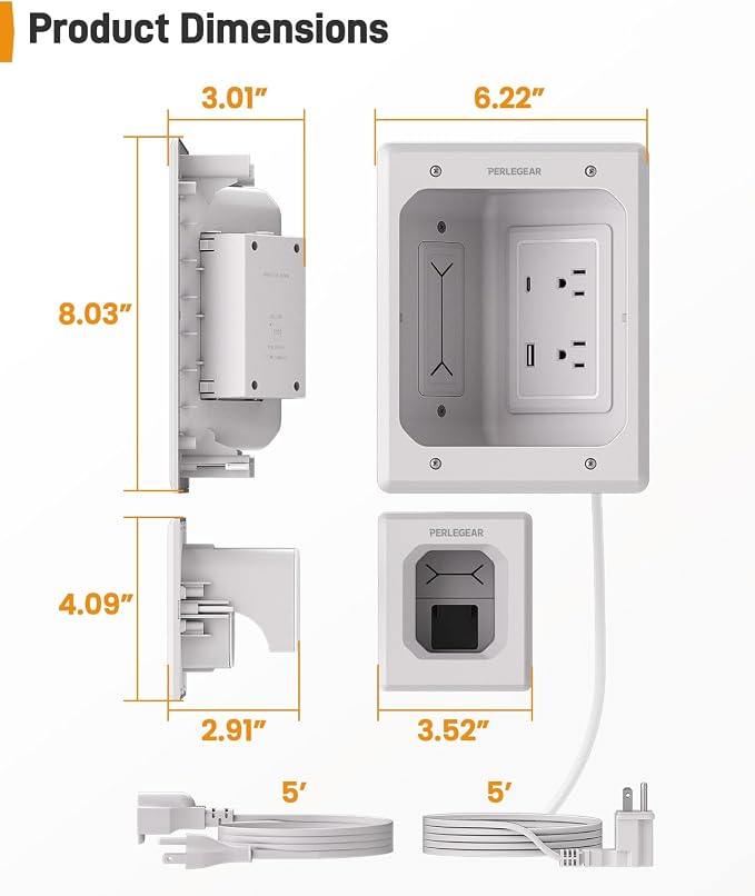 Perlegear in Wall Cable Management Kit, USB & Type C PortsTV Cord Hider & Cable Hider, Wire Hider with Recessed Power, Includes Drill Template, Dust Bag, Drywall Saw, Extension Cable - Image 2