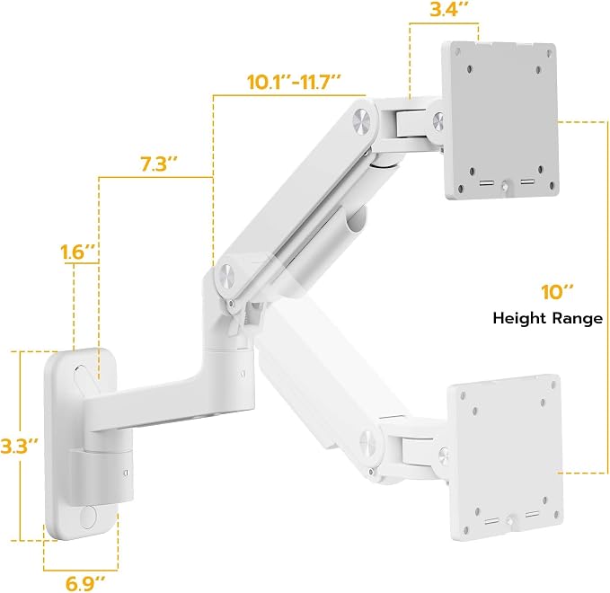 ARES WING Wall Mount Monitor Arm for 17-49 Inch Ultrawide Screens, White | Heavy Duty Single Monitor Arm Holds 44 lbs, Fully Adjustable Gas Spring Monitor Wall Mount, 75x75/100x100 VESA Mount - Image 8