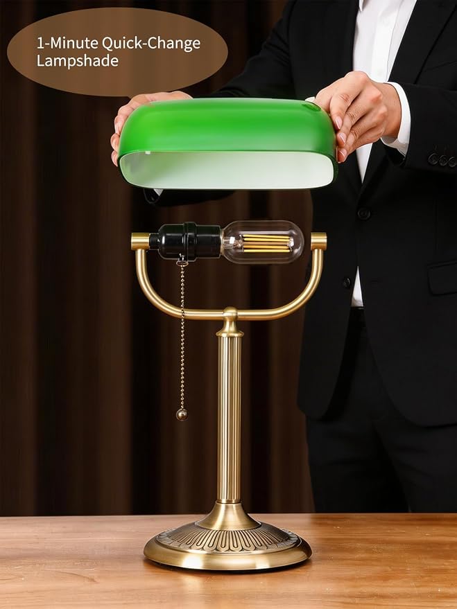 1-Minute Quick-Change Shade Classic Green Glass Bankers Desk Lamp | Study Office Library, LED Bulb Included - Image 2