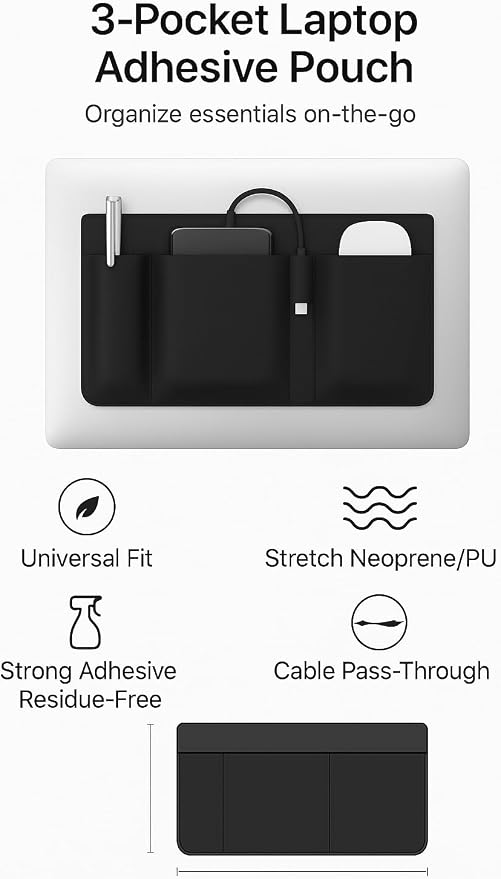 3-Pocket Adhesive Laptop Pouch Organizer - Stick-On Mouse & Hard Drive Holder for Laptop | Slim Reusable 3M Computer Pocket for SSD, Cables, Mouse, Chargers & Tech Accessories (10.7" x 5.5") - Image 4