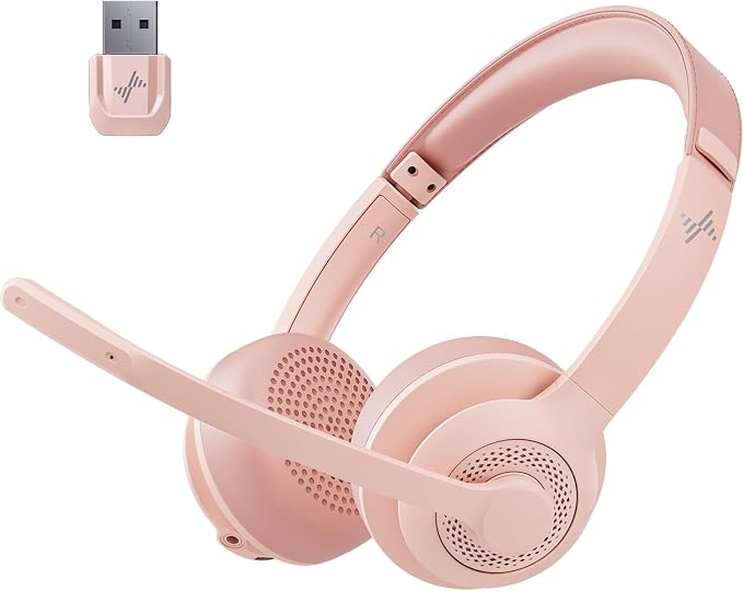 JIAMQISHI Wireless Headset with AI Noise Cancelling Microphone Bluetooth Headset - Bluetooth V5.2 Headphones with USB Dongle & Mic Mute for Computer/Laptop/PC/iPhone/Android/Cell Phones (Pink) by JIAMQISHI