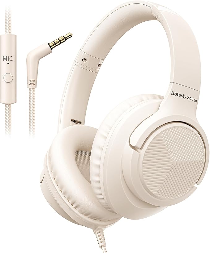 Botesty Sound Headphones Wired with Microphone, Over Ear Foldable 3.5mm Plug in Headphones Corded with 4.9ft Tangle-Free Nylon Cord for Tablet, Laptop, MP3/4, School, Airplane Travel (Beige) by BotestySound