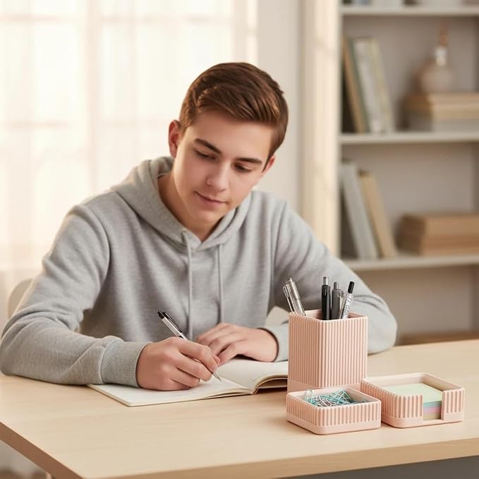 Aesthetic Desk Organizers and Accessories Set of 3 with Pen Holder,Paperclip Holder,Sticky Note Holder - Durable Plastic Pencil Holder for Office Women Men-Teacher Appreciation/Back-to-school Gift - Image 2
