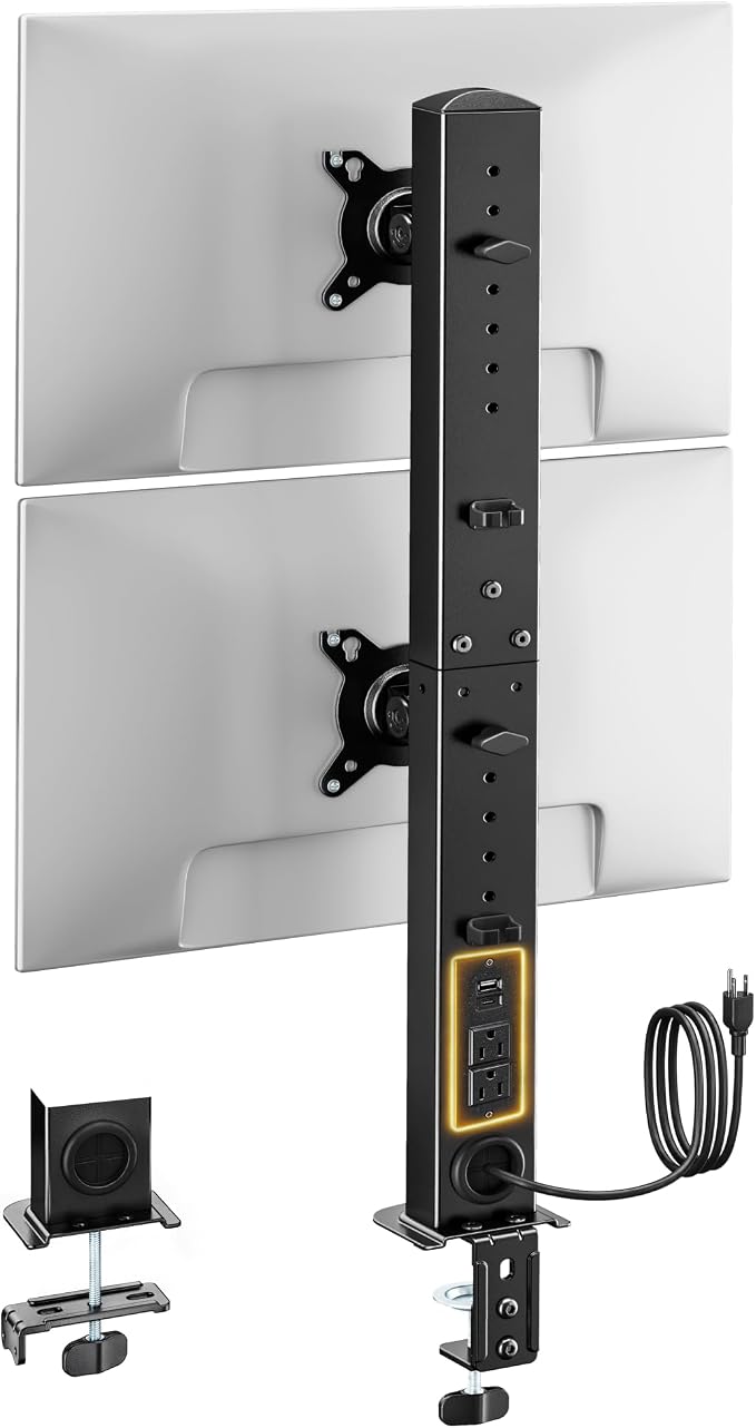 monTEK Powered Stacked Dual Monitor Stand for 17-32", Clamp/Grommet | Vertical dual monitor desk mount, integrated power outlet, adjustable arms and clamp/grommet mounting options by monTEK