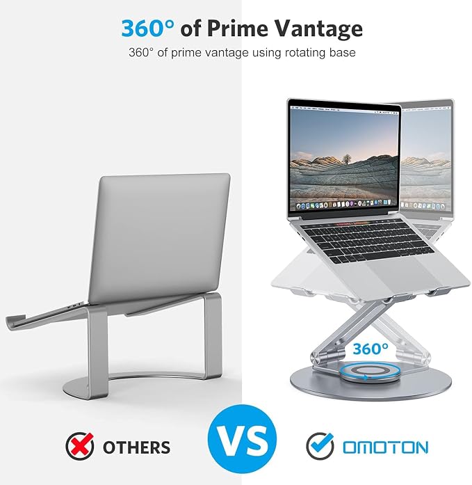 OMOTON Adjustable Laptop Stand for Desk 360° Rotating Base 17" Cool Grey | Ergonomic Laptop Rise for Collaborative Work, Foldable Dual Shaft for Easy Storage, Fits for MacBook/Dell/HP - Image 3