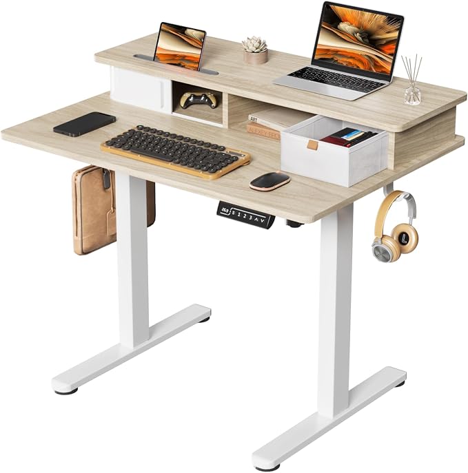 JOY worker 35" Small Electric Standing Desk with Monitor Stand & Drawer | Light Walnut 35" x 25" Height Adjustable Desk for Tight Space, Shutter Door & Shelf, Sit Stand Desk with 2 Hooks, Home Office by JOYworker