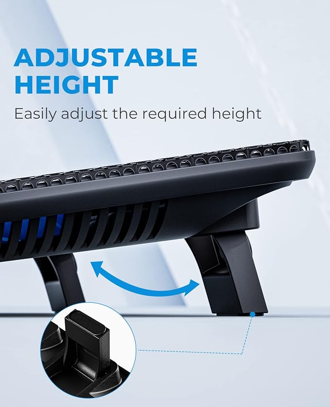 havit HV-F2056 15.6"-17" Laptop Cooler Cooling Pad - Slim Portable USB Powered (3 Fans), Black/Blue | Three quiet USB-powered fans circulate air below the laptop, two height settings improve viewing and typing comfort - Image 5