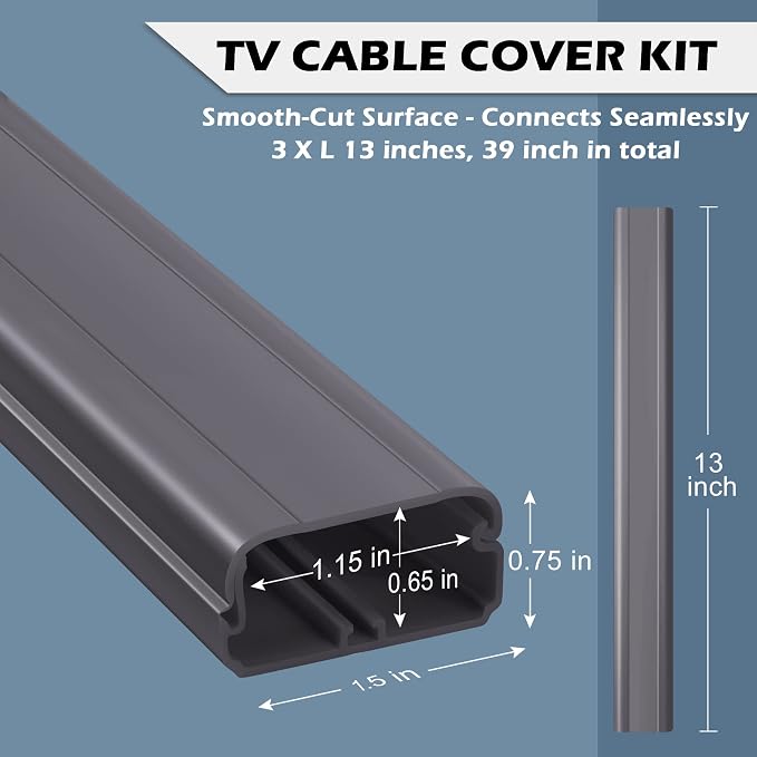 39in TV Cord Hider - Cord Covers for Wall Mounted TV Cable Hider Wall Kit | Wire Hiders for TV on Wall, Wire Covers for Cords, Cable Concealer Hide Cords, 1.5"W*0.75"H*13inL*3, Grey - Image 4