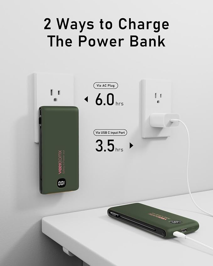 VEEKTOMX 10000mAh Portable Charger with Built-in Cables & Wall Plug | Fast Charging Slim USB-C Power Bank for iPhone, Samsung, iPad | 5 Outputs, Charges 4 Devices, ETL Certified, Green - Image 4
