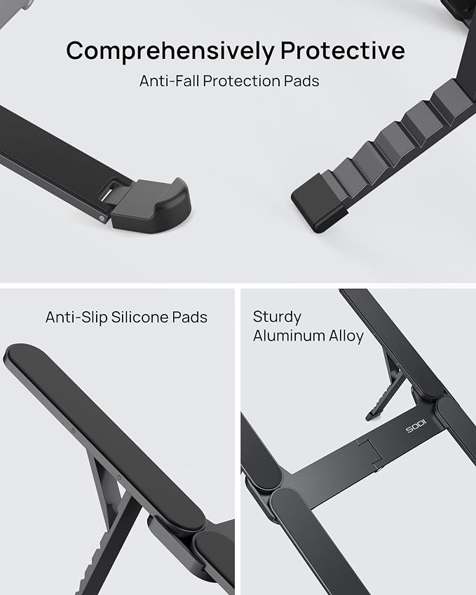 Ultra Compact Foldable Laptop Stand - Portable Laptop Holder for Desk & Travel Use, Ergonomic Aluminum Computer Holder with Adjustable Height for MacBook, Tablet 10-16" (Dark Black, Bi-Fold) - Image 4
