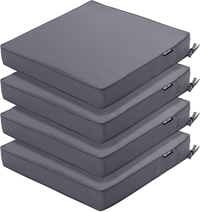 Outdoor Chair Cushions Set of 4, 16 x 17 Inch Waterproof Seat Pads | 3 Year Color Fastness Thick Patio Chair Cushion with Ties for Garden Lawn Sofa Couch, Dark Grey by COMCAVER